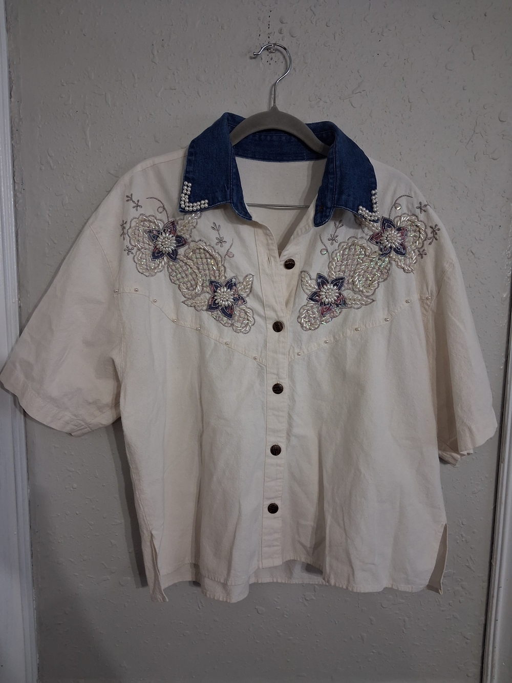 Country glam chic denim rhinestone beaded button up shirt cropped dolly Parton
